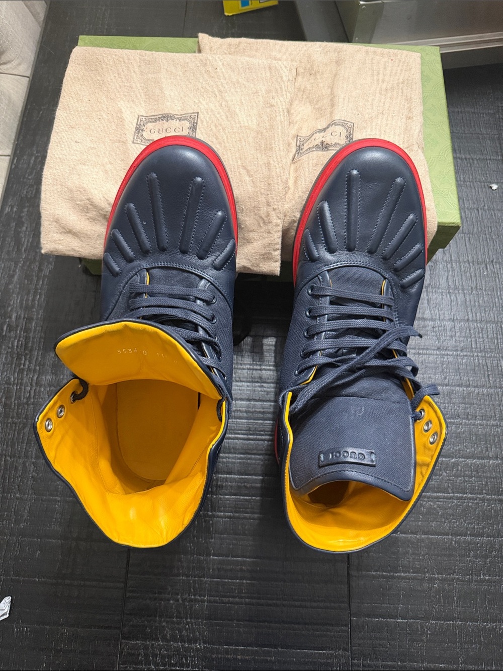 Gucci Navy Blue and Yellow Sneakers with Red Soles - Picture 3 of 6